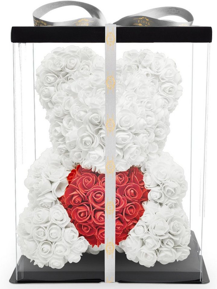 Kunstblume Rosenbär 40 cm inkl. Geschenkbox mit Herz - Geschenk für Freundin Jahrestag Geburtstag Hochzeit, NADIR, Größe: 40 cm, inklusive Geschenkbox von NADIR