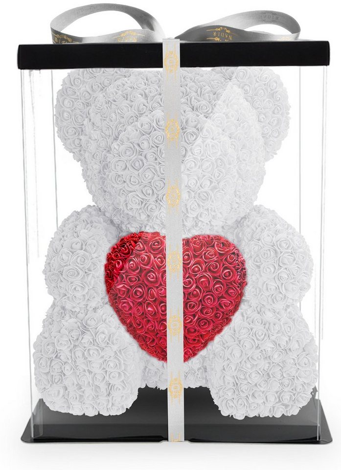 Kunstblume Rosenbär mit Geschenkbox versch. Farben mit Herz - Geschenk für Freundin Jahrestag Geburtstag Hochzeit 70 cm Künstliche Pflanze, NADIR, ca. 850 Kunstblüten von NADIR