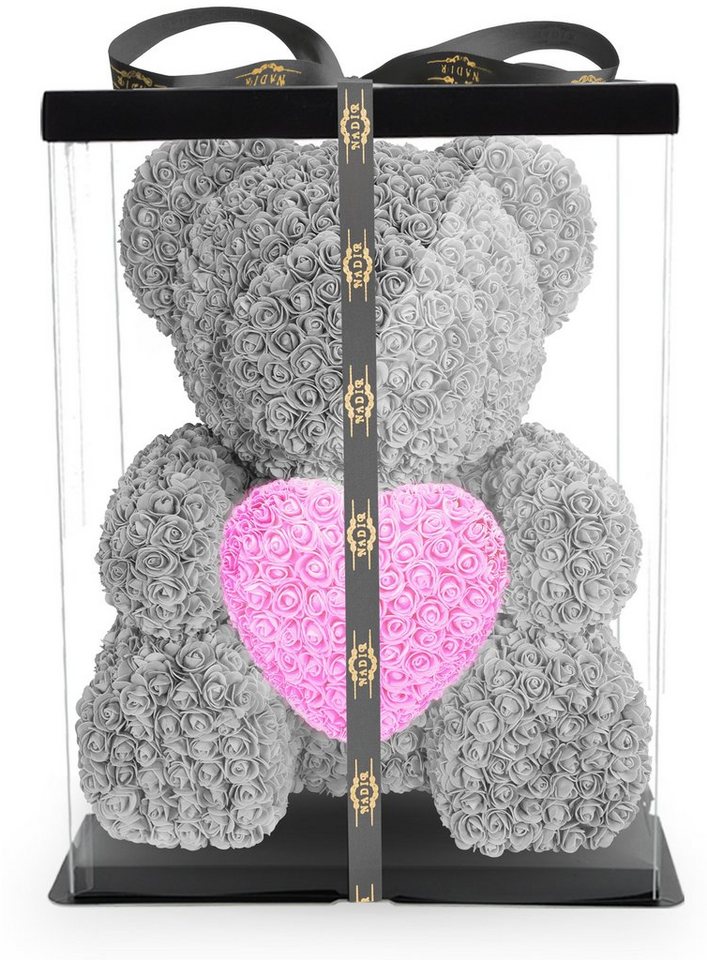 Kunstblume Rosenbär mit Geschenkbox versch. Farben mit Herz - Geschenk für Freundin Jahrestag Geburtstag Hochzeit 70 cm Künstliche Pflanze, NADIR, ca. 850 Kunstblüten von NADIR