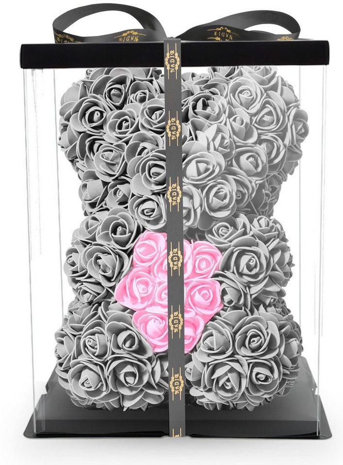 Kunstblume Rosenbär mit Geschenkbox versch. Farben mit Herz - Geschenk für Freundin Jahrestag Geburtstag Hochzeit Geburtstagsgeschenk Freundin 25 cm Ewige Rosen, NADIR von NADIR