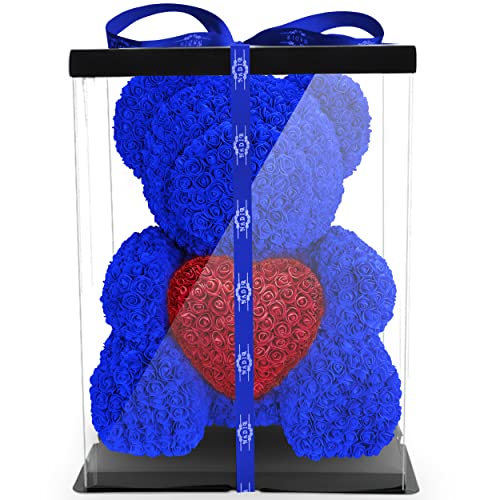 NADIR Rosen Bär Blumenbär mit Geschenkbox, Geburtstagsgeschenk für Frauen, Geschenk für Freundin zum Geburtstag Jahrestag, Rose Bear Teddybär, Geschenk Hochzeitstag (Blau, 70 cm) von NADIR