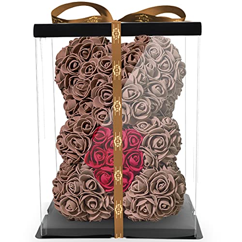 NADIR Rosen Bär Blumenbär mit Geschenkbox, Geburtstagsgeschenk für Frauen, Geschenk für Freundin zum Geburtstag Jahrestag, Rose Bear Teddybär, Geschenk Hochzeitstag (Braun, 25 cm) von NADIR