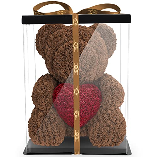 NADIR Rosen Bär Blumenbär mit Geschenkbox, Geburtstagsgeschenk für Frauen, Geschenk für Freundin zum Geburtstag Jahrestag, Rose Bear Teddybär, Geschenk Hochzeitstag (Braun, 70 cm) von NADIR