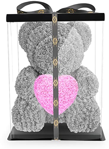 NADIR Rosen Bär Blumenbär mit Geschenkbox, Geburtstagsgeschenk für Frauen, Geschenk für Freundin zum Geburtstag Jahrestag, Rose Bear Teddybär, Geschenk Hochzeitstag (Grau, 70 cm) von NADIR