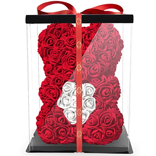 NADIR Rosen Bär Blumenbär mit Geschenkbox, Geburtstagsgeschenk für Frauen, Geschenk für Freundin zum Geburtstag Jahrestag, Rose Bear Teddybär, Geschenk Hochzeitstag (Rot, 25 cm) von NADIR
