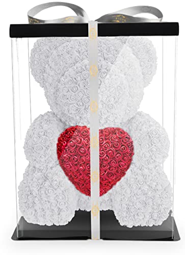 NADIR Rosen Bär Blumenbär mit Geschenkbox, Geburtstagsgeschenk für Frauen, Geschenk für Freundin zum Geburtstag Jahrestag, Rose Bear Teddybär, Geschenk Hochzeitstag (Weiß, 70 cm) von NADIR