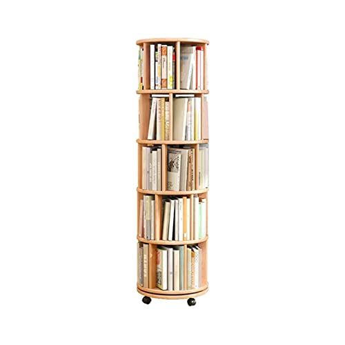 NADYE Bücherregal Librería, rollendes Bücherregal aus Gummiholz, 360° drehbarer Bücherregalturm mit Rollen, bodenstehender Aufbewahrungsorganisator (Wood 40 * 157cm(5 Tier)) von NADYE