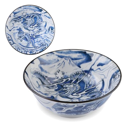 Mino Ware Japanese Wide Mouth Ceramic Bowl, Udon Ramen Noodle Soup Bowl, Dragon Design, Blue von Product of Gifu Japan