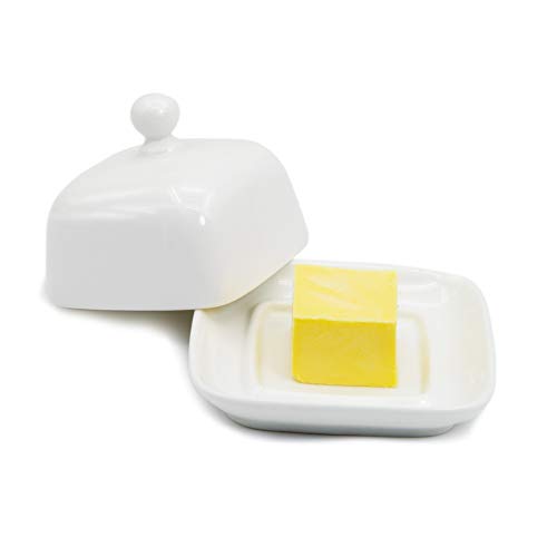 NAGU Kleine quadratische Mini-Butterdose mit Deckel, weiße Proporporzellan, gewölbte Käseplatte mit Griff, individuelle Servierschale, kleine Butterschale, Arbeitsplatte, Kühlschrank von NAGU