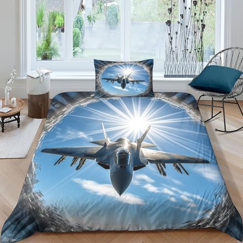 NAHCBIOT Fighter Jet Drucken Bettbezug Bettwäsche Set 3teilig 3D Airplane Bettwäsche-Set Mädchen Junge Kinder Deluxe Mikrofaser Weiche Bettbezug Kissenbezüge Single（135x200cm） von NAHCBIOT
