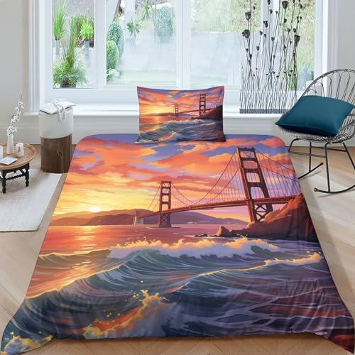 NAHCBIOT Golden Gate Bridge Bettwäsche Bettdecken Set Weiche Angenehme Mikrofaser Kinder Erwachsene,3D Druck Landscape Bettbezug Bettwäsche Set Single（135x200cm） von NAHCBIOT