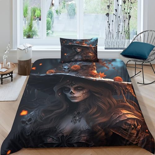 NAHCBIOT Skeleton Witch Bettwäsche 3D Gothic Style Bettbezug Set Mit Reißverschluss Und Kissenbezug, Mikrofaser Bettbezüge 2 Teilig Für Erwachsene Kinder Single（135x200cm） von NAHCBIOT