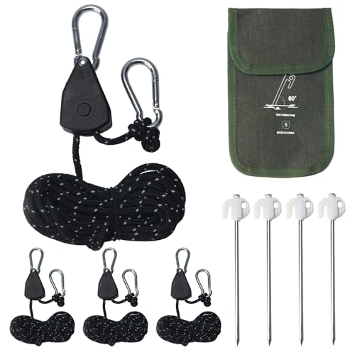 NAHUAA 4 Stück Abspannseile mit Seilspanner 4mm x 4m Reflektierend Camping Seil Einstellbare Seilratsche Abspannleine Zeltschnur mit Reflektierende Heringe für Sonnensegel Campingzelte (Schwarz) von NAHUAA