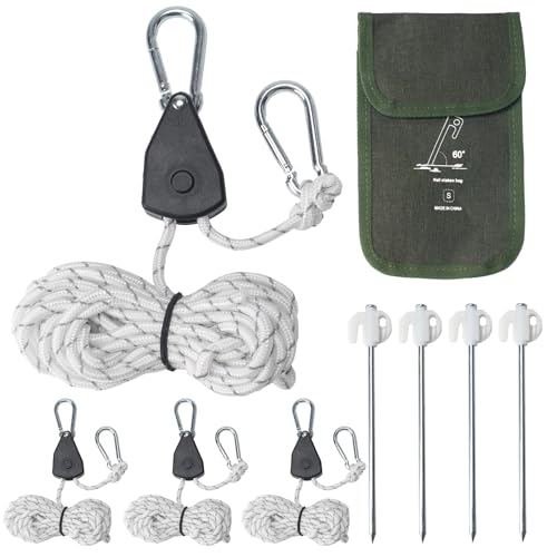 NAHUAA 4 Stück Abspannseile mit Seilspanner 4mm x 4m Reflektierend Camping Seil Einstellbare Seilratsche Abspannleine Zeltschnur mit Reflektierende Heringe für Sonnensegel Campingzelte (Weiß) von NAHUAA