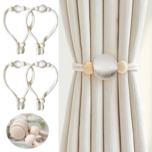 NAHUAA 4 Stück Vorhang Raffhalter Magnetisch aus Holz Raffhalter für Vorhänge Boho Beige Raffhalter für Gardinen Magnet 50 cm für Zuhause und Büro, Fenstervorhänge von NAHUAA