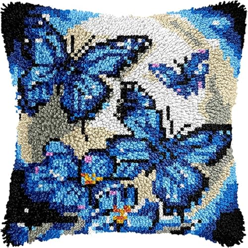 Knüpfteppich Zum Selber Knüpf-Sets Mit Kissen Knüpfen-Set,Kissenbezug-Set Für Erwachsene Und Kinder Latch Hook Kit Heimaccessoire Blauer Schmetterling 43X43Cm von NAHUIGOOD