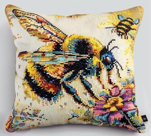NAHUIGOOD Kreuzstich Stickpackungen Kissen Front Zum Selbersticken Mit Blumen Bienen 45X45Cm Stickbild Auf 100% Baumwoll Stoff Und Stickgarn, Stickvorlagen von NAHUIGOOD