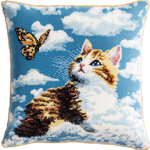 NAHUIGOOD Kreuzstich Stickpackungen Kissen Front Zum Selbersticken Mit Katze Und Schmetterling 45X45Cm Stickbild Auf 100% Baumwoll Stoff Und Stickgarn, Stickvorlagen von NAHUIGOOD