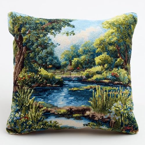 NAHUIGOOD Kreuzstich Stickpackungen Kissen Front Zum Selbersticken Mit Landschaft 45X45Cm Stickbild Auf 100% Baumwoll Stoff Und Stickgarn, Stickvorlagen von NAHUIGOOD