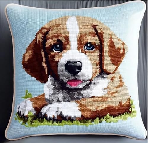 NAHUIGOOD Kreuzstich Stickpackungen Kissen Front Zum Selbersticken Mit Süßer Hund 45X45Cm Stickbild Auf 100% Baumwoll Stoff Und Stickgarn, Stickvorlagen von NAHUIGOOD