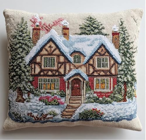 NAHUIGOOD Kreuzstichkissen Stickbildvilla Mit Schneeblick 45X45Cm Vorgezeichnet Kreuzstichpackung Kissen Front Zum Selbersticken Mit Stickbild Auf 100% Baumwoll Stoff Und Stickgarn von NAHUIGOOD
