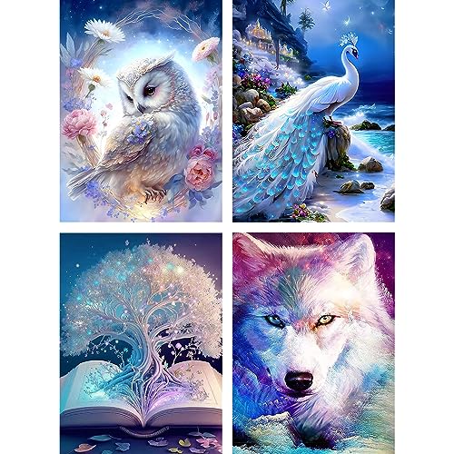 NAIMOER 4Packs Tiere Diamond Painting Kits für Erwachsene, 5D Diamant Painting Bilder Diamond Painting Baum Kinder Diamond Malerei Set für Home Dekor 30x40cm(Eule, Pfau, Wolf, Baum) von NAIMOER