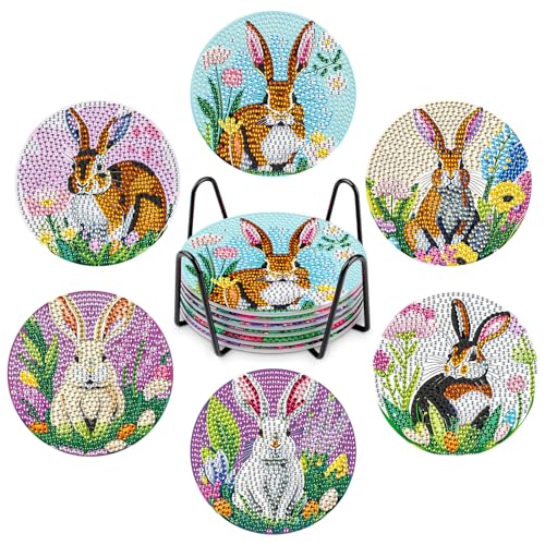 NAIMOER 6Stück Bunny Diamond Painting Untersetzer mit Halter, DIY Tiere Untersetzer, Kaffee Diamant Painting Blumen Untersetzer für Erwachsene Kinder, Getränke Untersetzer, 5D Diamant Untersetzer von NAIMOER