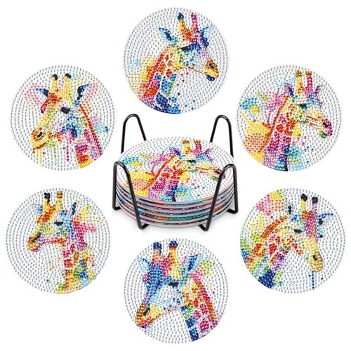 NAIMOER 6Stück Giraffe Diamond Painting Untersetzer mit Halter, DIY Tiere Untersetzer, Kaffee Diamant Painting Blumen Untersetzer für Erwachsene Kinder, Getränke Untersetzer, 5D Diamant Untersetzer von NAIMOER