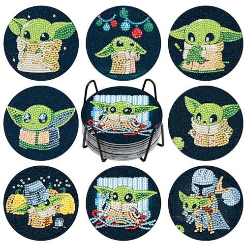 NAIMOER 8 Stück Diamond Painting Untersetzer mit Halter, DIY Yoda Untersetzer, Kaffee Diamant Painting Untersetzer für Erwachsene Kinder, Getränke Untersetzer, 5D Cartoon Diamant Untersetzer von NAIMOER