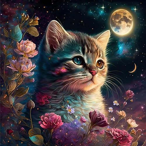 NAIMOER Katzen Diamond Painting Mond Diamant Painting Bilder, Diamond Painting Erwachsene Tiere Diamond Painting Bilder Cross Stickerei Set 5D Diamant Malerei für Home Décor 30x30cm von NAIMOER