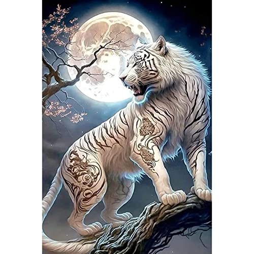 NAIMOER Weißer Tiger Diamond Painting, 5D Diamant Painting Tiger und Mond Bilder Erwachsene, DIY Tiere Diamond Painting Bilder Diamant Malerei Set 30x40cm für Wanddekoration von NAIMOER