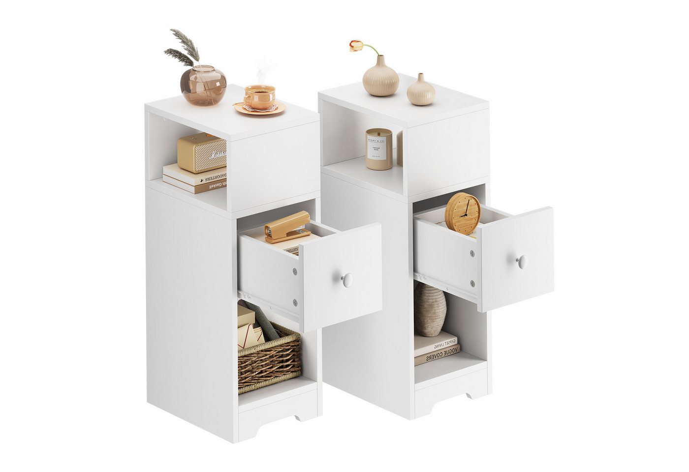 NAIMP Nachttisch Schmal Beistelltisch mit Schubladen 1er Set/2er Set, Nachtschrank Offenes Fach, Tischplatte aus MDF, weiß/schwarz NAIMP Nachttisch Schmal Beistelltisch mit Schubladen 1er Set/2er Set, Nachtschrank Offenes Fach, Tischplatte aus MDF, weiß/schwarz von NAIMP