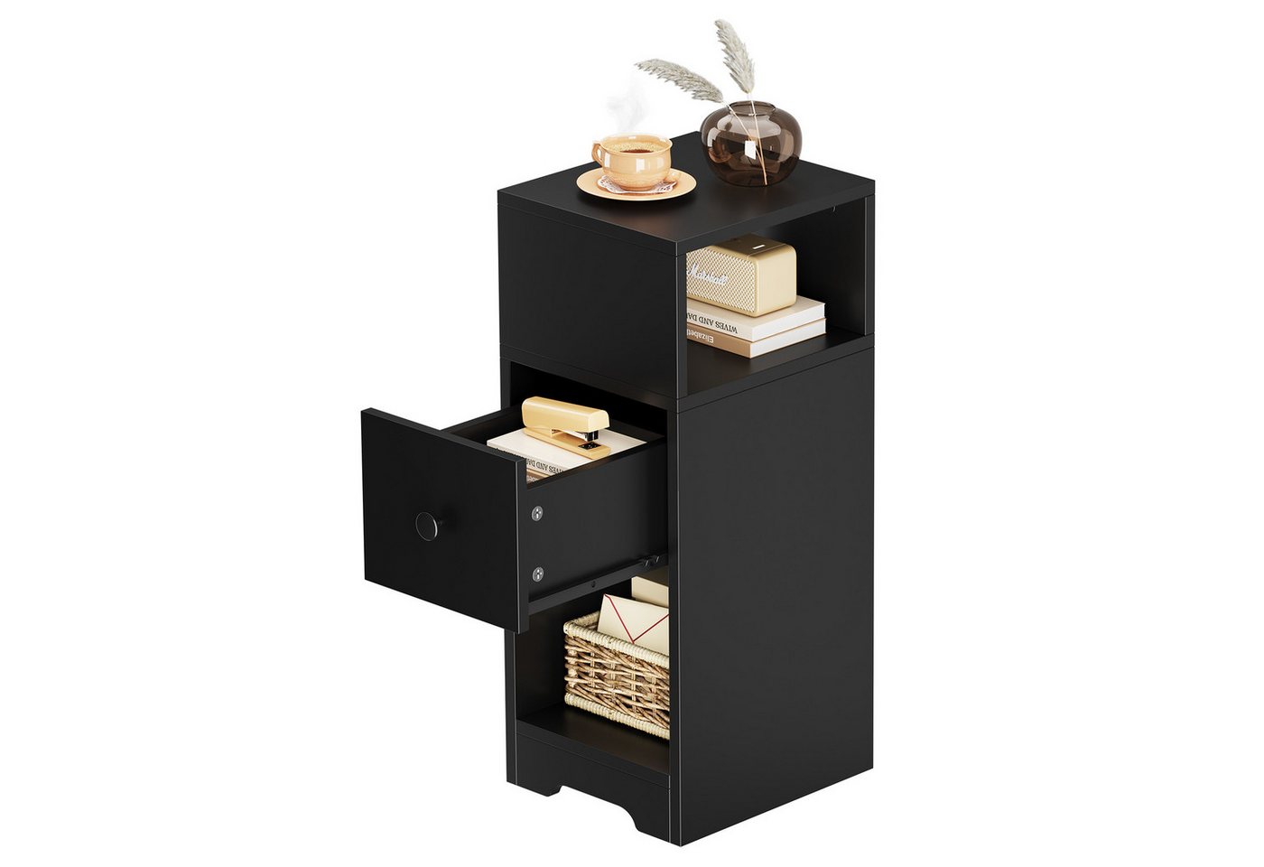NAIMP Nachttisch Schmal Beistelltisch mit Schubladen 1er Set/2er Set, Nachtschrank Offenes Fach, Tischplatte aus MDF, weiß/schwarz NAIMP Nachttisch Schmal Beistelltisch mit Schubladen 1er Set/2er Set, Nachtschrank Offenes Fach, Tischplatte aus MDF, weiß/schwarz von NAIMP