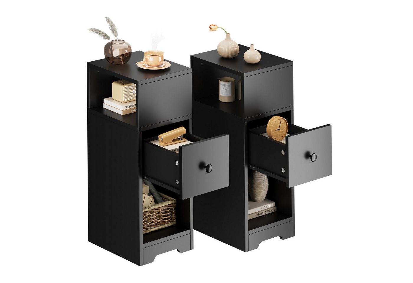 NAIMP Nachttisch Schmal Beistelltisch mit Schubladen 1er Set/2er Set, Nachtschrank Offenes Fach, Tischplatte aus MDF, weiß/schwarz NAIMP Nachttisch Schmal Beistelltisch mit Schubladen 1er Set/2er Set, Nachtschrank Offenes Fach, Tischplatte aus MDF, weiß/schwarz von NAIMP