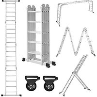 Mehrzweckleiter 550cm, 6 in 1 Multifunktionsleiter Aluminium, Klappleiter mit 2 Rollen und Plattform, 4 x 5 Silber-Klappbare Vielzweckleiter bis von NAIZY