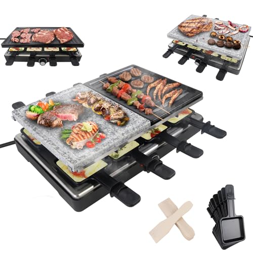 NAIZY 1400W Raclette 8 Personen Edelstahl Grill Elektrisch Grillpfanne Set inkl. 8 Pfännchen & Holzspachtel, 2 Granitplatten, 2 Antihaftplatten Mutil-Tischgrill, für Innen&Außen von NAIZY