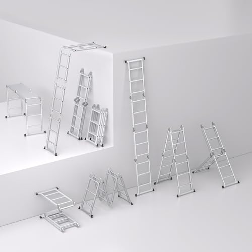 NAIZY Aluminium Mehrzweckleiter 340cm, 6 in 1 Multifunktionsleiter, Klappleiter mit 2 Rollen und Plattform, 4 x 3 Silber-Klappbare Vielzweckleiter bis 150KG von NAIZY
