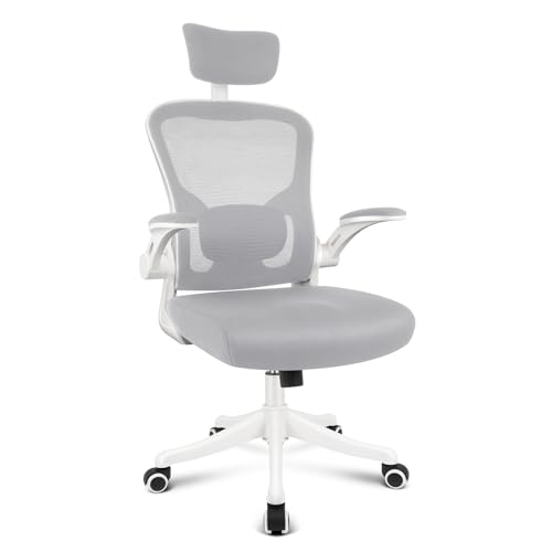 NAIZY Bürostuhl Ergonomisch Office Chair bis 150kg Drehstuhl Höhenverstellbar Schreibtischstuhl mit Lendenwirbelstütze und Hochklappbaren Armlehnen Bürosessel, Typ C Grau von NAIZY