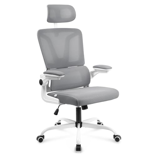 NAIZY Bürostuhl Ergonomisch Office Chair bis 150kg Drehstuhl Höhenverstellbar Schreibtischstuhl mit Lendenwirbelstütze und Hochklappbaren Armlehnen Bürosessel, Typ D Grau von NAIZY