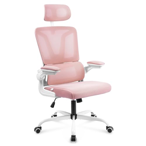 NAIZY Bürostuhl Ergonomisch Office Chair bis 150kg Drehstuhl Höhenverstellbar Schreibtischstuhl mit Lendenwirbelstütze und Hochklappbaren Armlehnen Bürosessel, Typ D Rosa von NAIZY