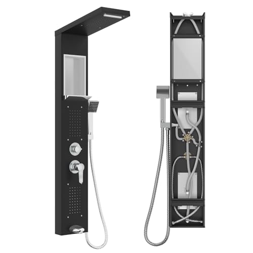 NAIZY Duschpaneel mit Armatur, 5 in 1 Duschsystem mit Eingebautes Regal Multifunktional Dusche Set inkl. Handbrause Massagedusche Wasserfalldusche Regendusche Armatur, 304 Edelstahl Duschset (Schwarz) von NAIZY