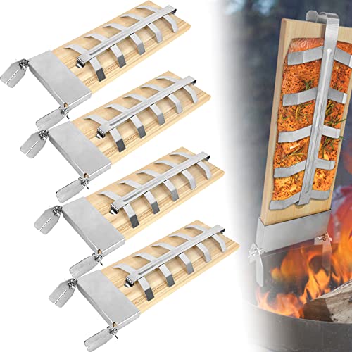 NAIZY Flammlachsbrett 4X Flammlachsbretter mit Edelstahl-Halterung Lachsbretter 5 Stufen Einstellbar Flammlachs für Feuerschale zum Grillen Outdoor Grill Zedernholzbrett Belastbarkeit bis 2,5KG von NAIZY