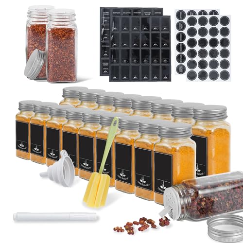 NAIZY Gewürzgläser Eckig 24 Stück 120ml Glas Gewürzdosen mit Streueinsatz, Wasserdicht Etiketten, Trichter, Reinigungsbürste Gewürzbehälter für Gewürz Küchenzubehör, Silber Aluminiumdeckel von NAIZY
