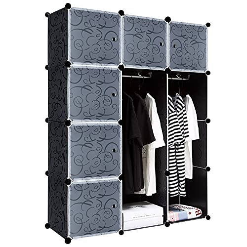 NAIZY Kleiderschrank Schwarz DIY Regalsystem aus Kunststoff Garderobenschrank Steckregal Steckregalsystem mit Tür Kunststoffschrank (12 Würfeln, mit 2 Kleiderstange) von NAIZY