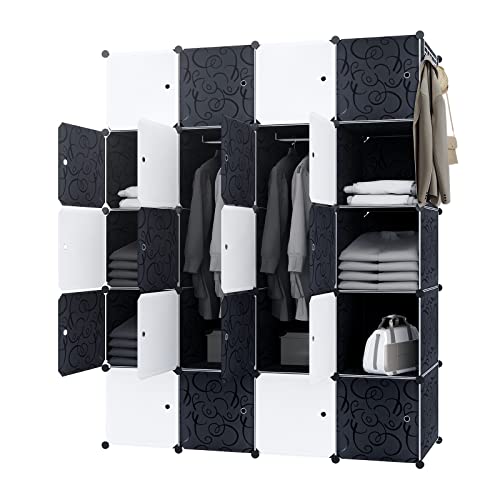 NAIZY Kleiderschrank Schwarz Weiß DIY Regalsystem aus Kunststoff Garderobenschrank Steckregal Steckregalsystem mit Tür Kunststoffschrank (20 Würfeln, mit 2 Kleiderstange) von NAIZY