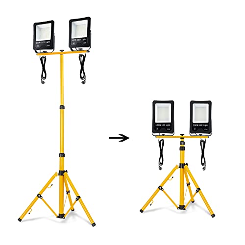 NAIZY LED Baustrahler Arbeitsleuchte 100W*2 8500LM LED Fluter Floodlight inkl. Stativ und 3M Kabel Wasserdicht IP66 für Innen-und Außenbereich Baustelle Garage (2 * 100W Warmweiß + Stativ) von NAIZY