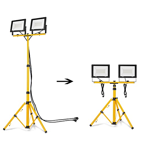 NAIZY LED Baustrahler Arbeitsleuchte 100W*2 8500LM Warmweiß Fluter Floodlight Mit Stativ Und 3M Kabel, Arbeitsscheinwerfer IP66 Für Baustelle Garage von NAIZY