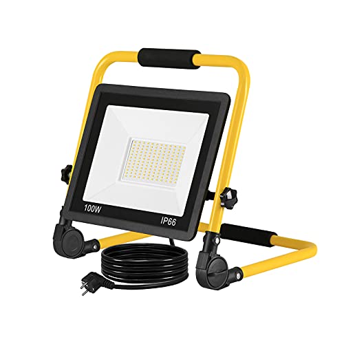 NAIZY LED Baustrahler Arbeitsleuchte 100W 8500LM Kaltweiß Austellenlampe LED Fluter Floodlight mit IP66 Wasserdicht, 3M Kabel und Faltbarer Ständer für Werkstatt Baustelle Garage - 100W Kaltweiß von NAIZY