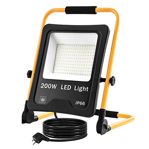 NAIZY LED Baustrahler Arbeitsleuchte 200W 16000LM LED Fluter Floodlight mit 3M Kabel und Wasserdicht IP66 für Innen-und Außenbereich Baustelle Garage - 200W Kaltweiß von NAIZY