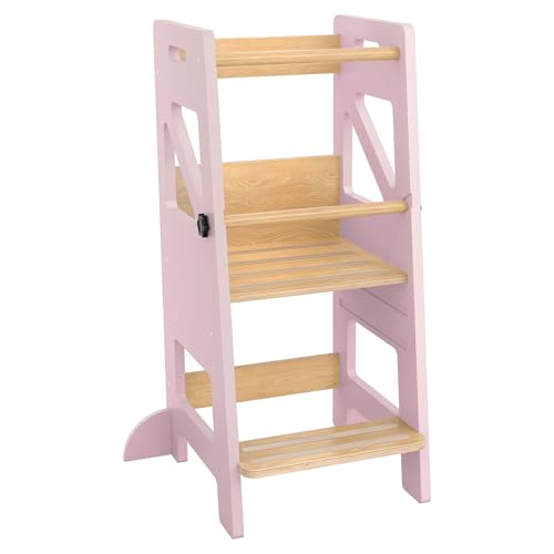 NAIZY Lernturm klappbar Learning Tower 3-Fach Höhenverstellbar Toddler Tower mit Doppelter Sicherheitsbarriere Entdeckerturm rutschfest Max bis 60KG, für ab 1 Jahr Jungen und Mädchen (Rosa) von NAIZY